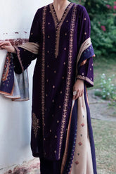 BrandsInn-3PC DHANAK EMBROIDERED SHIRT WITH COURTRAI PRINTED SHAWL & TROUSER-BI-